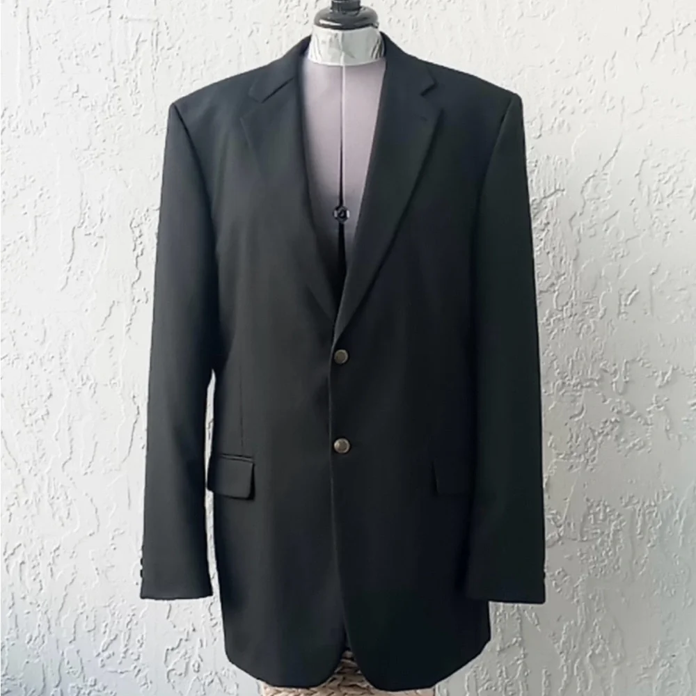 Vintage Black Wool Blend Blazer Men's 44R Brass Buttons Formal Wool Sport Coat